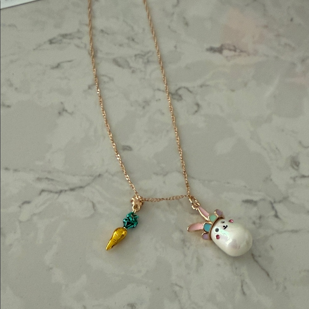 Betsey Johnson Gold Necklace with White Bunny and Yellow Carrot Charms
